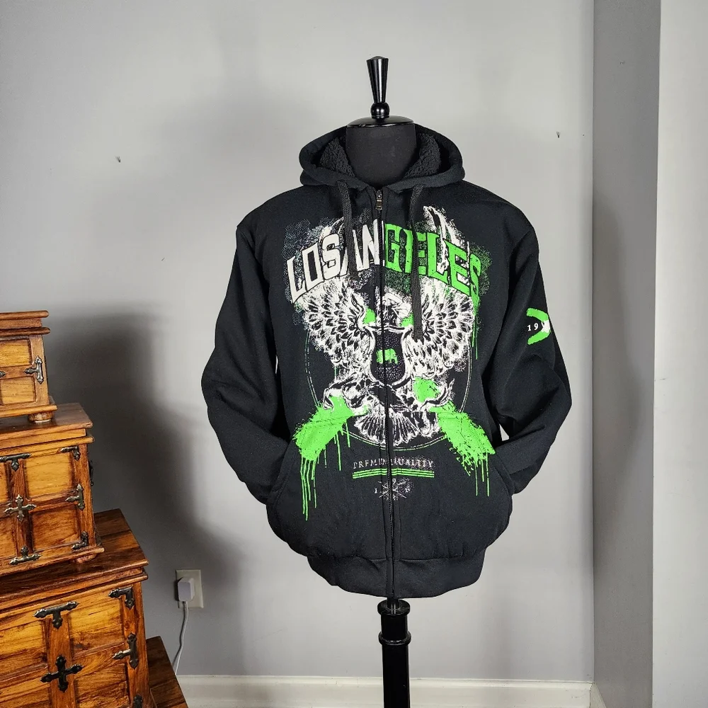 Los Angeles Themed Casual Black Full Zip Lined Hoodie